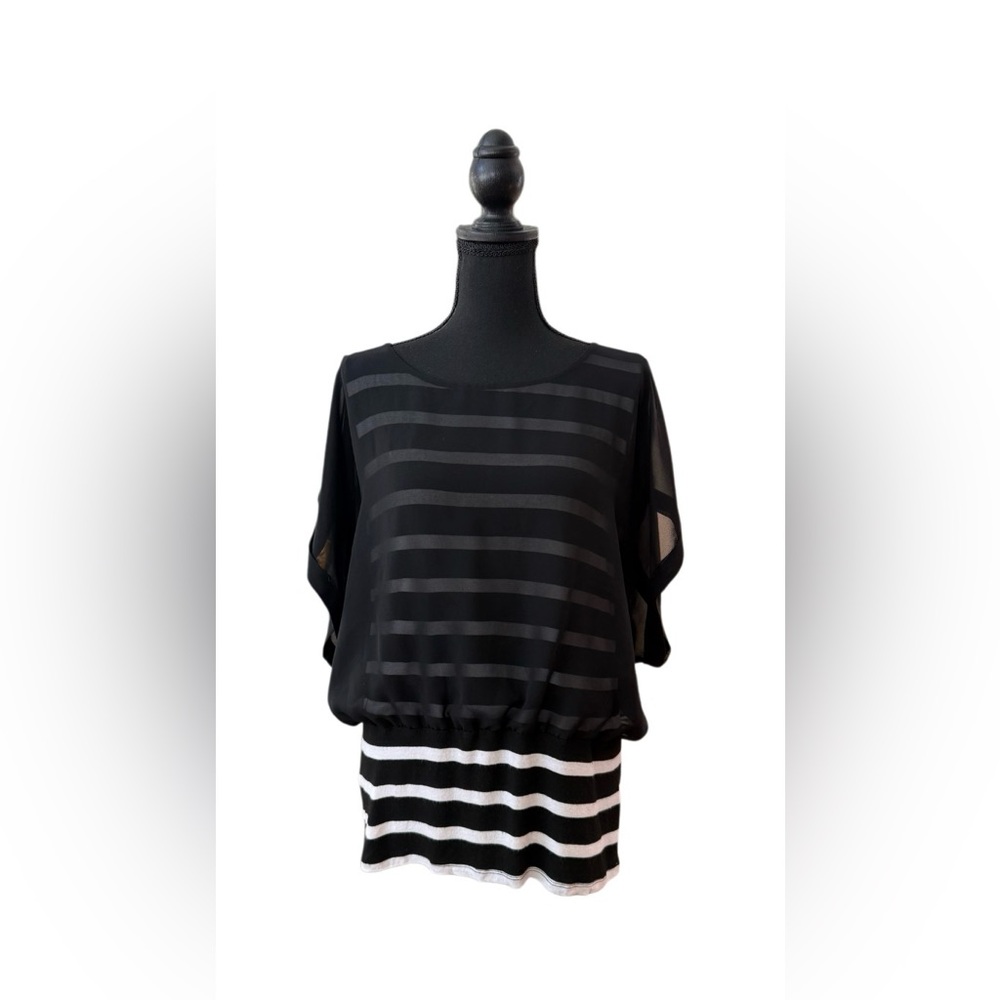 Joseph A Black and White Striped Top with Black Sheer Overlay